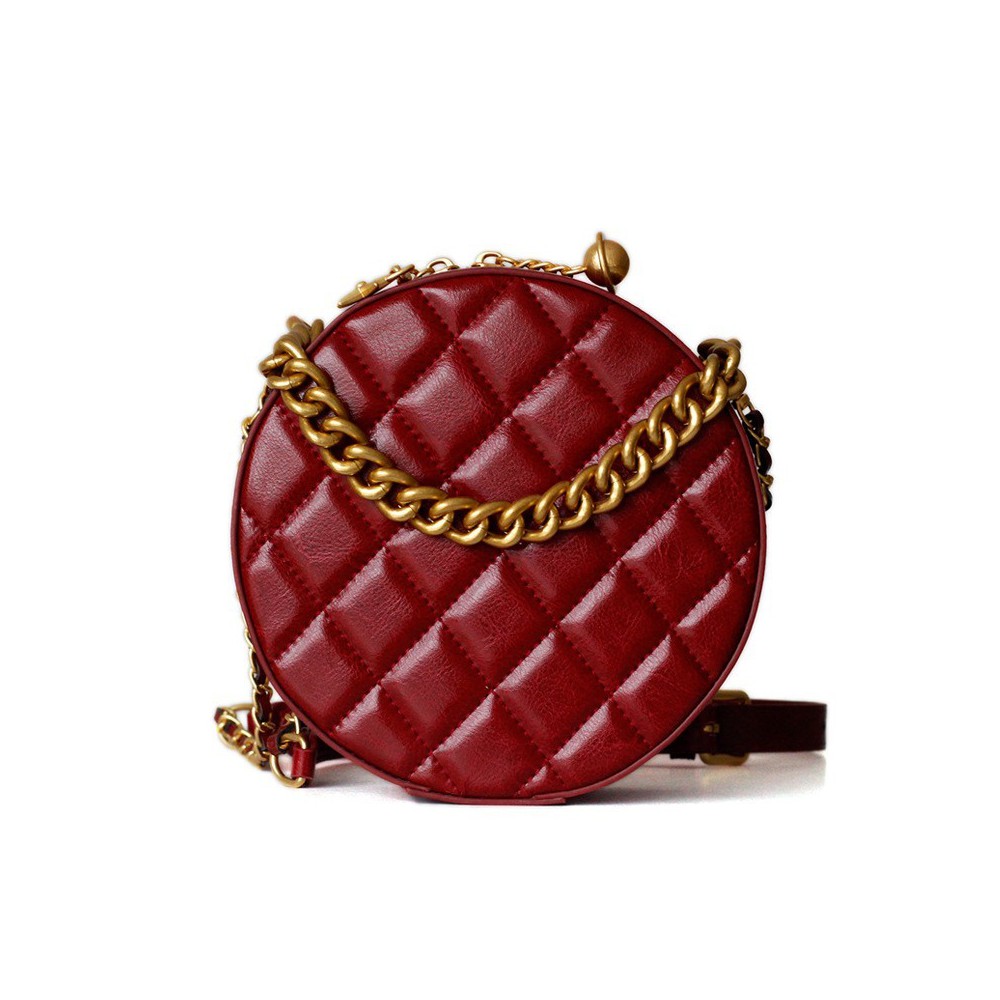 Rosaire Oval Shoulder Quilted Bag Cow Leather Wine Red 77101