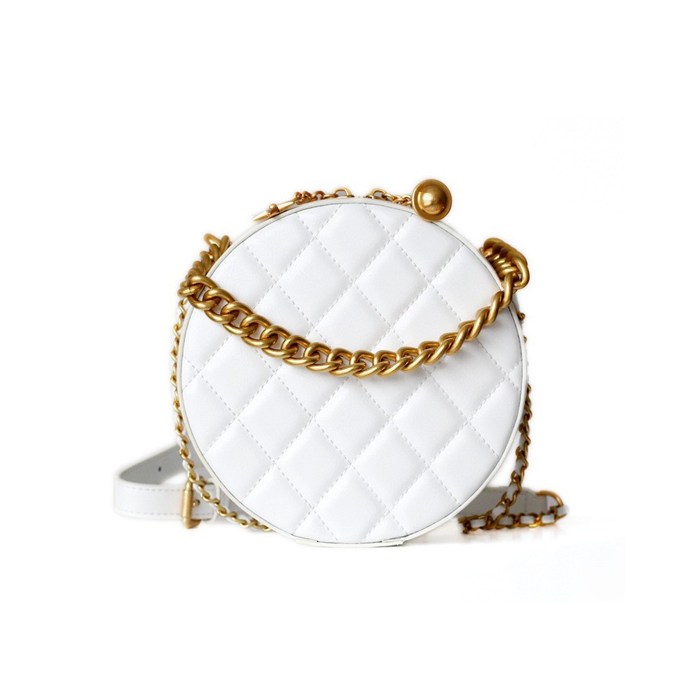 Rosaire Oval Shoulder Quilted Bag Cow Leather White 77101