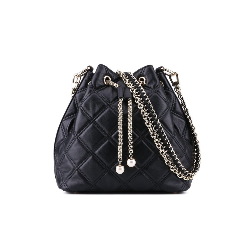 Rosaire « Vigny » Quilted Cowhide Leather Bucket Bag with Drawstring Closure Black Color / 75102