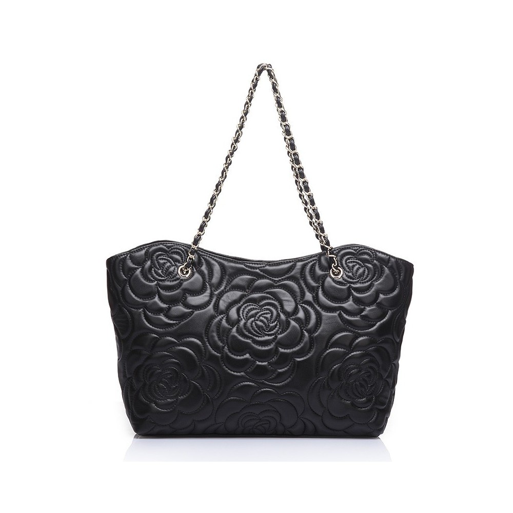 Rosaire « Florence » Sheepskin Leather Tote Bag with Camellia Pattern Black 75114