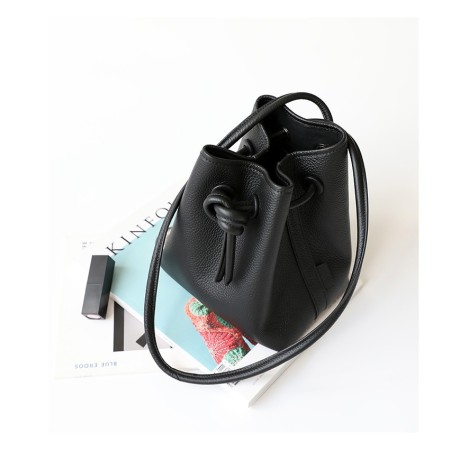 Eldora Genuine Cow Leather Bucket Bag Black 77113