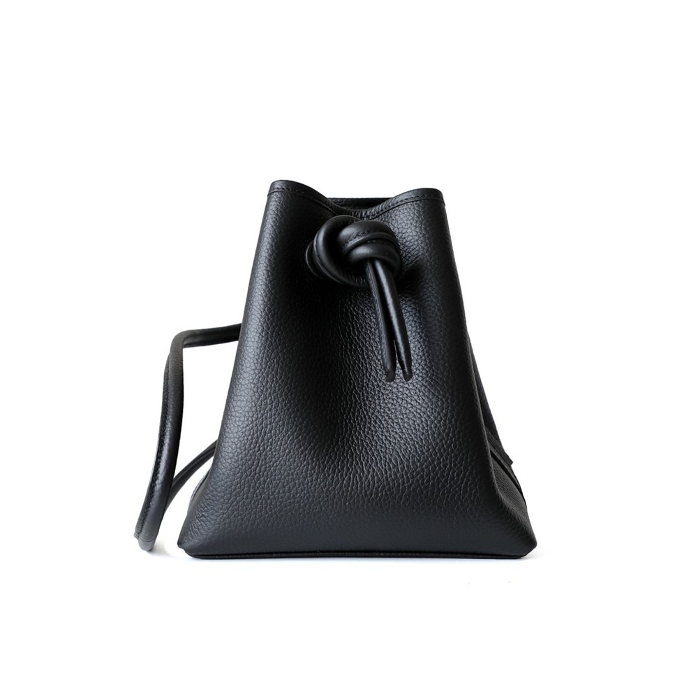 Eldora Genuine Cow Leather Bucket Bag Black 77113