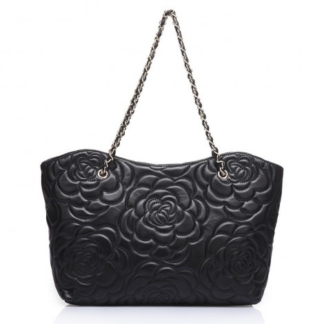 Rosaire « Florence » Sheepskin Leather Tote Bag with Camellia Pattern Black 75114