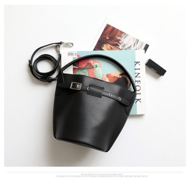 Eldora Genuine Cow Leather Bucket Bag Black 77131