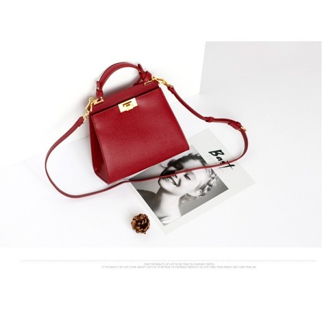 Eldora Genuine Cow Leather Top Handle Bag Red 77162