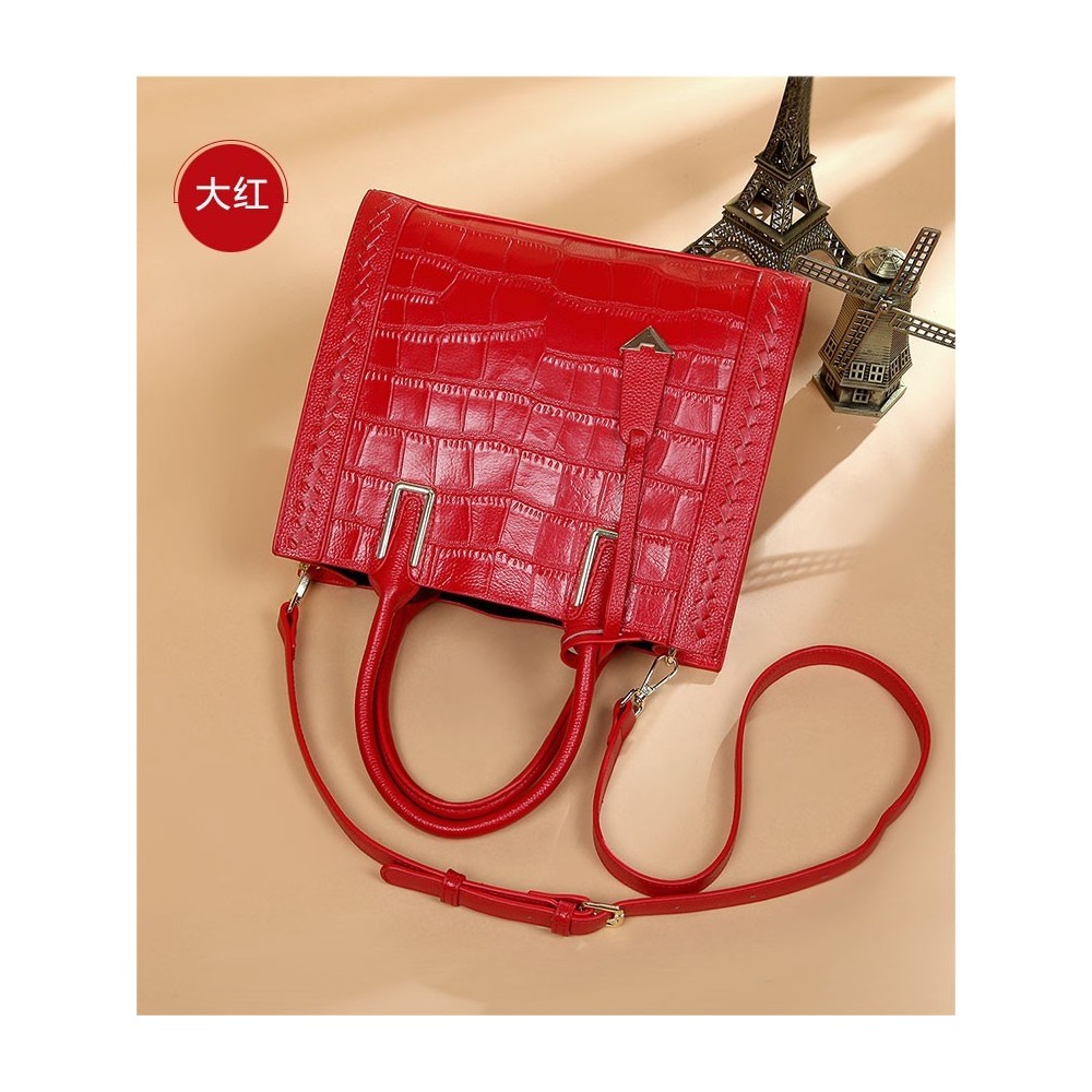 Eldora Genuine Cow Leather Top Handle Bag Red 77245