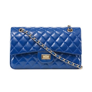 Rosaire « Morgane » Quilted Patent Leather Double Flap Shoulder Handbag with Chain and Leather Strap in Blue Color / 76101