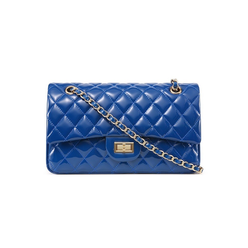 Rosaire « Morgane » Quilted Patent Leather Double Flap Shoulder Handbag with Chain and Leather Strap in Blue Color / 76101