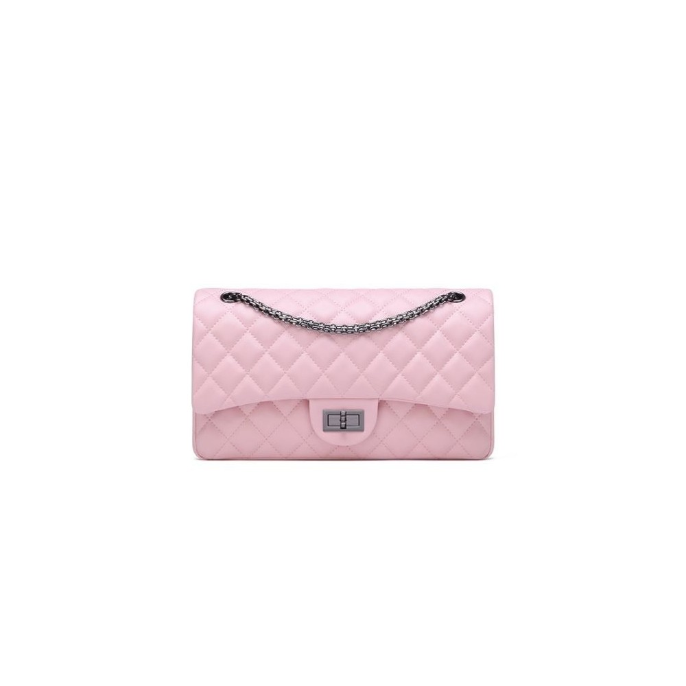 Rosaire « Morgane » Women's Quilted Lambskin Leather Double Flap Shoulder Handbag with Chain in Pink  Color / 76111