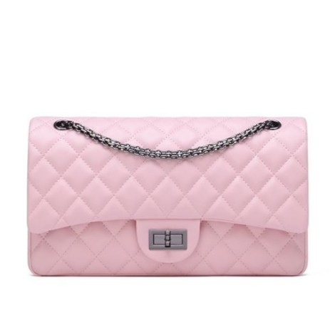 Rosaire « Morgane » Women's Quilted Lambskin Leather Double Flap Shoulder Handbag with Chain in Pink  Color / 76111
