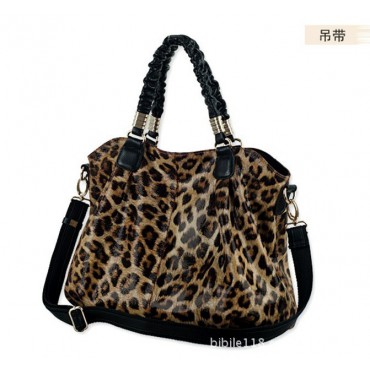 Opay Leopard Style Genuine Leather Tote Bag Black 75247