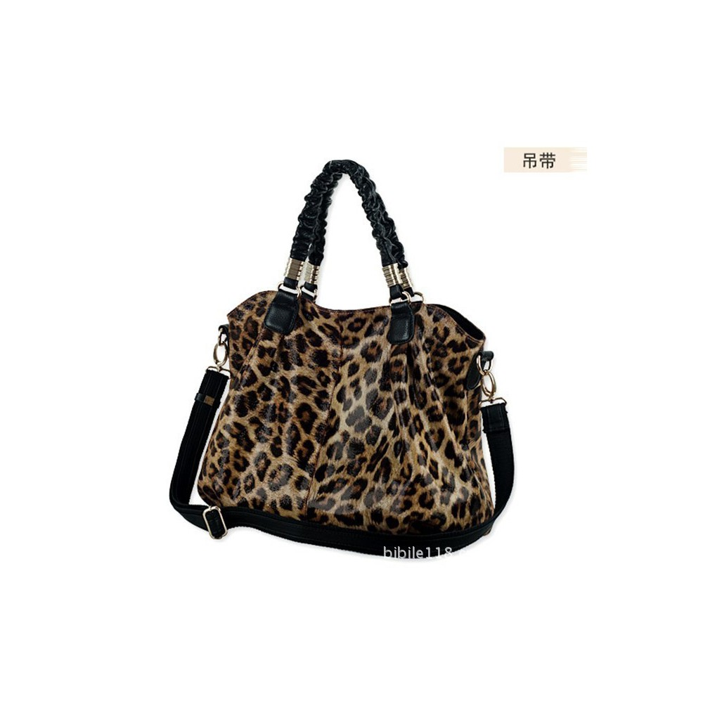 Opay Leopard Style Genuine Leather Tote Bag Black 75247