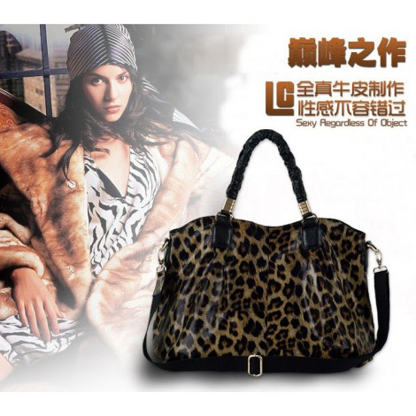 Opay Leopard Style Genuine Leather Tote Bag Black 75247