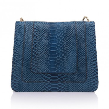 Rosaire « Elsa » Snake Head Shoulder Flap Bag Made of Cowhide Leather with Snakeskin Pattern in Blue Color 75121