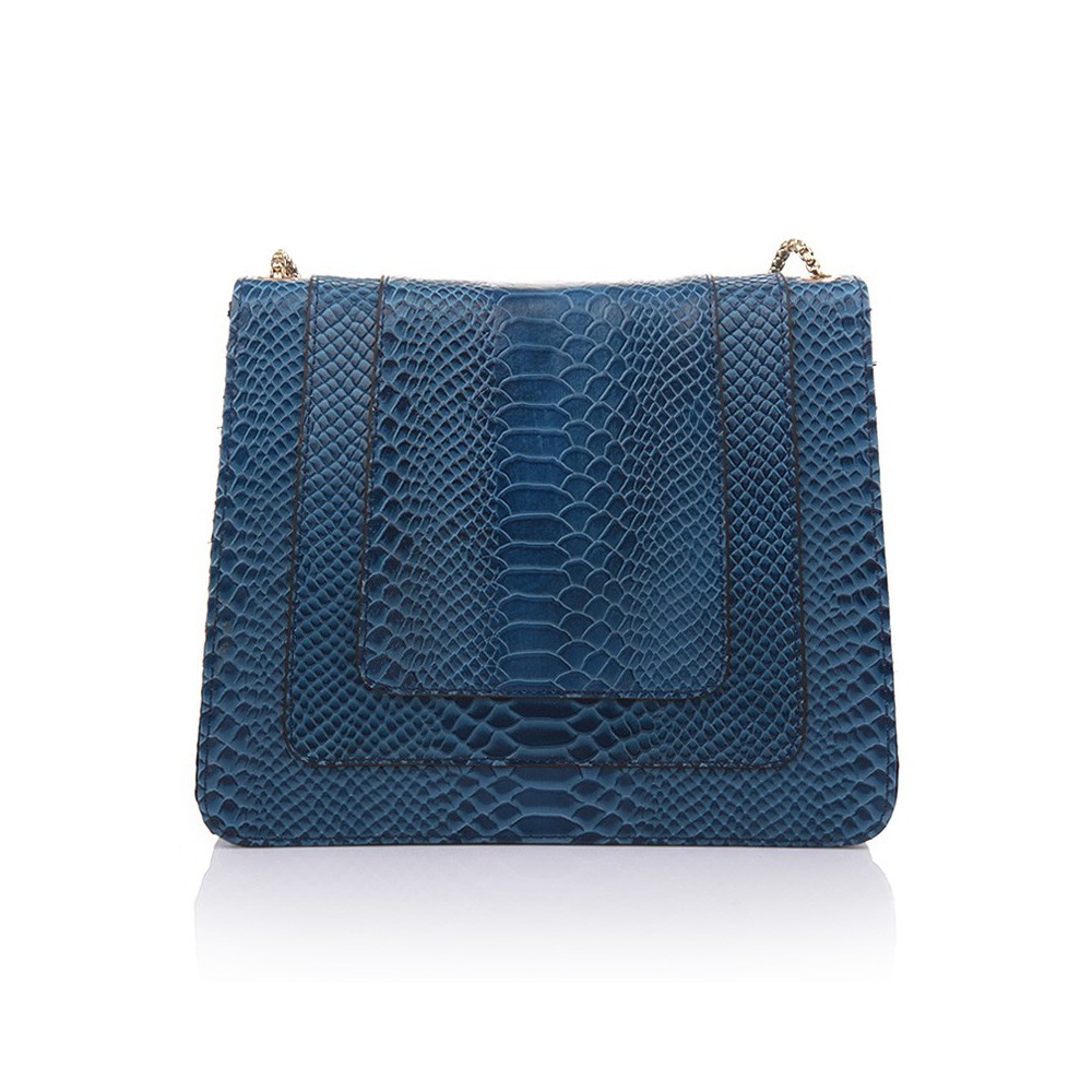 Rosaire « Elsa » Snake Head Shoulder Flap Bag Made of Cowhide Leather with Snakeskin Pattern in Blue Color 75121