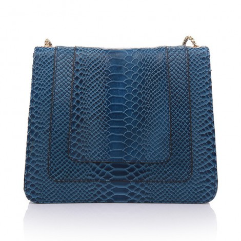 Rosaire « Elsa » Snake Head Shoulder Flap Bag Made of Cowhide Leather with Snakeskin Pattern in Blue Color 75121