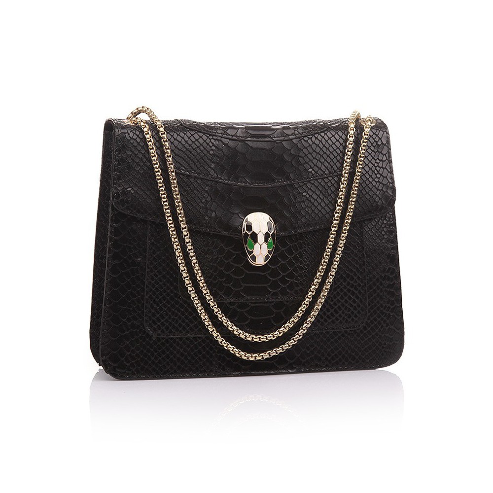 Rosaire « Elsa » Snake Head Shoulder Flap Bag Made of Cowhide Leather with Snakeskin Pattern in Black Color 75121