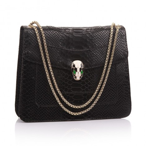 Rosaire « Elsa » Snake Head Shoulder Flap Bag Made of Cowhide Leather with Snakeskin Pattern in Black Color 75121
