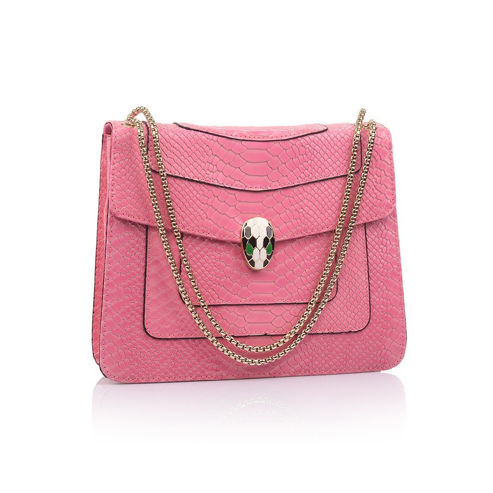 Rosaire « Elsa » Snake Head Shoulder Flap Bag Made of Cowhide Leather with Snakeskin Pattern in Pink Color 75121