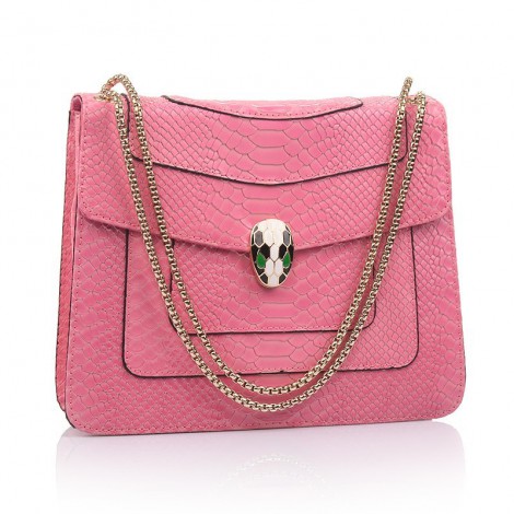 Rosaire « Elsa » Snake Head Shoulder Flap Bag Made of Cowhide Leather with Snakeskin Pattern in Pink Color 75121