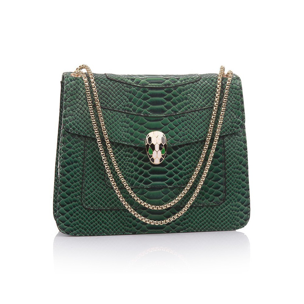 Rosaire « Elsa » Snake Head Shoulder Flap Bag Made of Cowhide Leather with Snakeskin Pattern in Green Color 75121