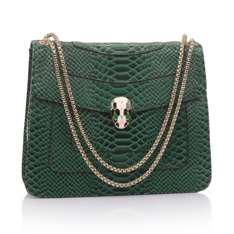 Rosaire « Elsa » Snake Head Shoulder Flap Bag Made of Cowhide Leather with Snakeskin Pattern in Green Color 75121