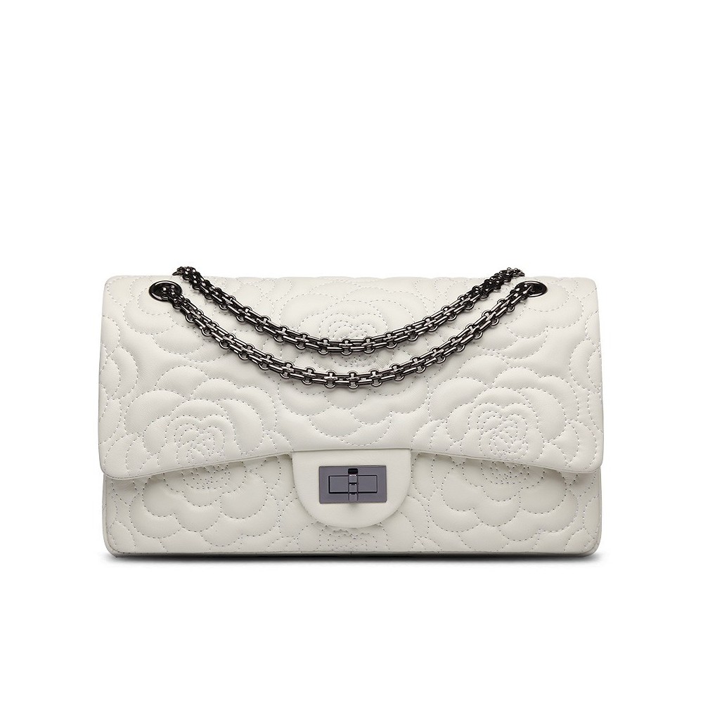 Rosaire « Morgane » Camellia Flower Embroidered Lambskin Leather Shoulder Bag in White Color 75131