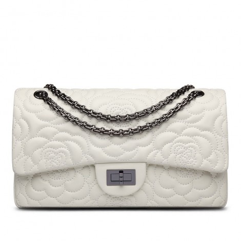 Rosaire « Morgane » Camellia Flower Embroidered Lambskin Leather Shoulder Bag in White Color 75131
