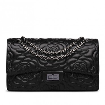 Rosaire « Morgane » Camellia Flower Embroidered Lambskin Leather Shoulder Bag in Black Color 75131