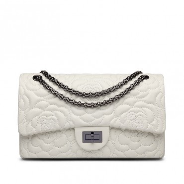 Rosaire « Morgane » Camellia Flower Embroidered Lambskin Leather Shoulder Bag in White Color 75131