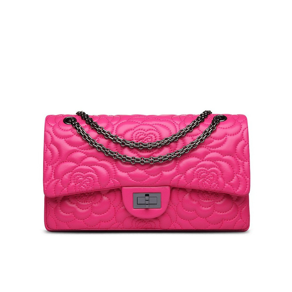 Rosaire « Morgane » Camellia Flower Embroidered Lambskin Leather Shoulder Bag in Hot Pink Color 75131