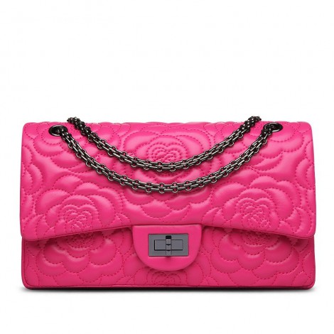 Rosaire « Morgane » Camellia Flower Embroidered Lambskin Leather Shoulder Bag in Hot Pink Color 75131