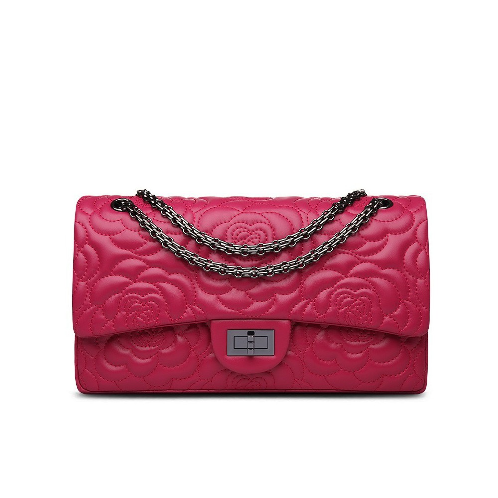 Rosaire « Morgane » Camellia Flower Embroidered Lambskin Leather Shoulder Bag in Rose Red Color 75131