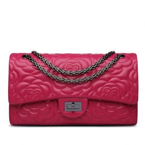 Rosaire « Morgane » Camellia Flower Embroidered Lambskin Leather Shoulder Bag in Rose Red Color 75131