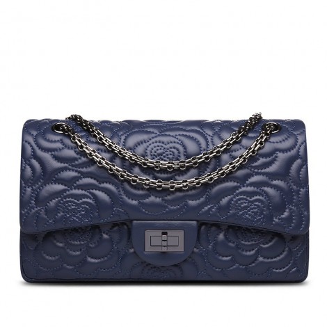 Rosaire « Morgane » Camellia Flower Embroidered Lambskin Leather Shoulder Bag in Dark Blue Color 75131