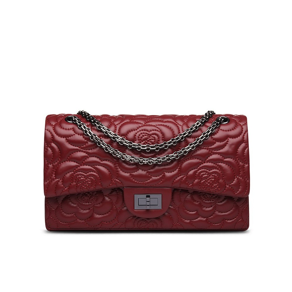 Rosaire « Morgane » Camellia Flower Embroidered Lambskin Leather Shoulder Bag in Wine Red Color 75131