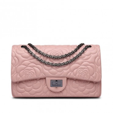 Rosaire « Morgane » Camellia Flower Embroidered Lambskin Leather Shoulder Bag in Pink Color 75131