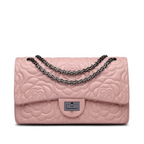 Rosaire « Morgane » Camellia Flower Embroidered Lambskin Leather Shoulder Bag in Pink Color 75131