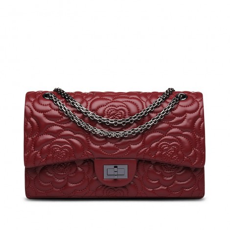Rosaire « Morgane » Camellia Flower Embroidered Lambskin Leather Shoulder Bag in Wine Red Color 75131