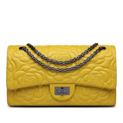 Rosaire « Morgane » Camellia Flower Embroidered Lambskin Leather Shoulder Bag in Yellow Color 75131