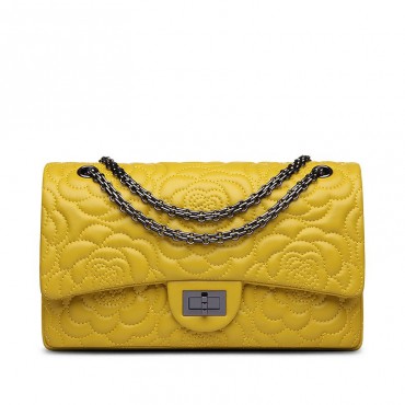 Rosaire « Morgane » Camellia Flower Embroidered Lambskin Leather Shoulder Bag in Yellow Color 75131