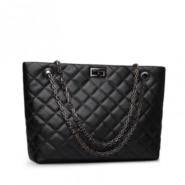 Rosaire « Apolline » Quilted Tote Bag Cowhide Leather with Chain Shoulder Strap in Black Color / 75135