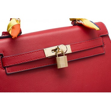 Rosaire « Capucine » Padlock Epsom Leather Top Handle Bag in Red Color 75165