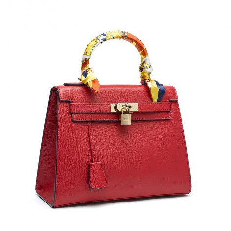 Rosaire « Capucine » Padlock Epsom Leather Top Handle Bag in Red