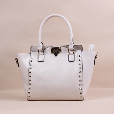 Genuine Leather Tote Rivets Bag with Double Handles White 75502