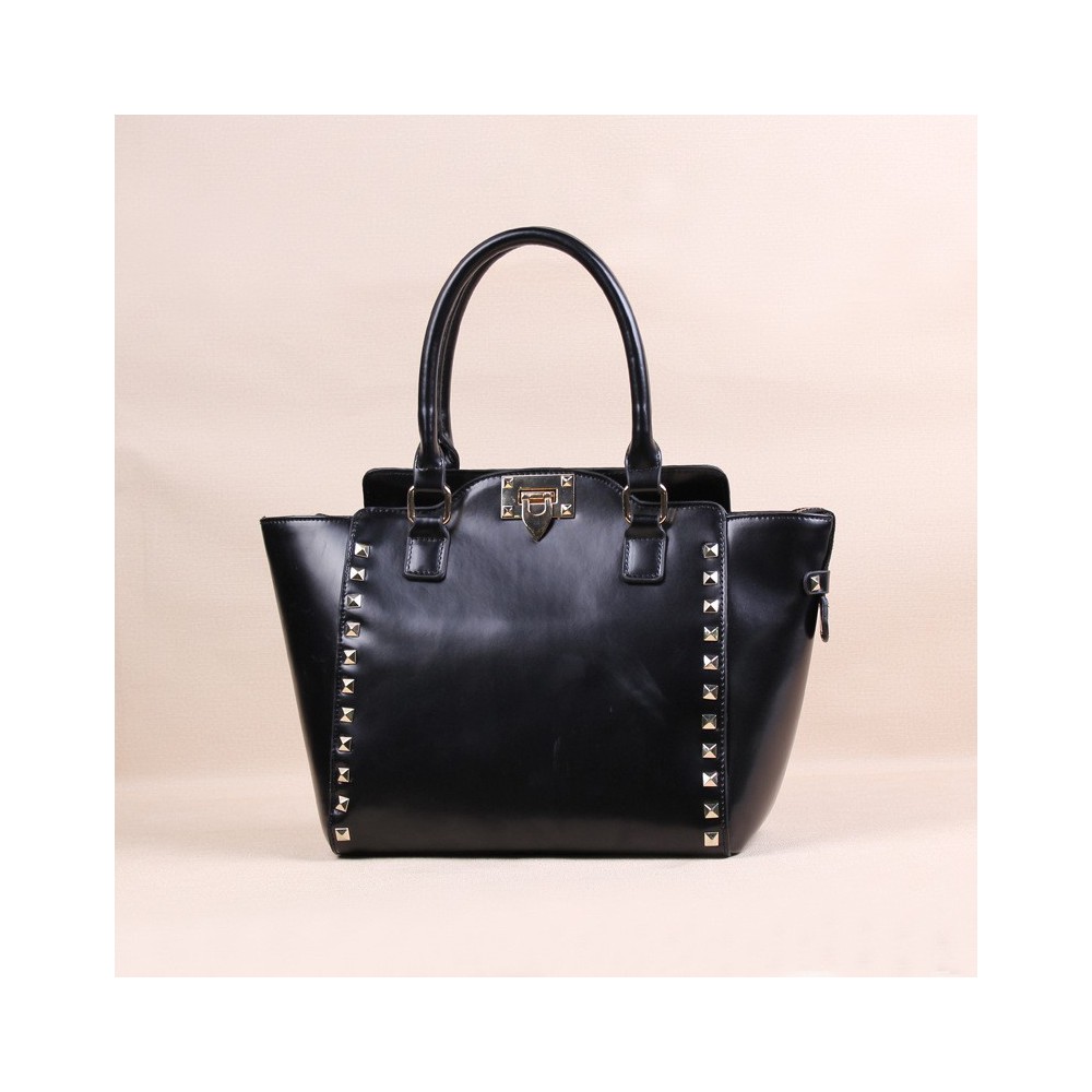 Genuine Leather Tote Rivets Bag with Double Handles Black 75502