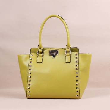 Genuine Leather Tote Rivets Bag with Double Handles Yellow 75502