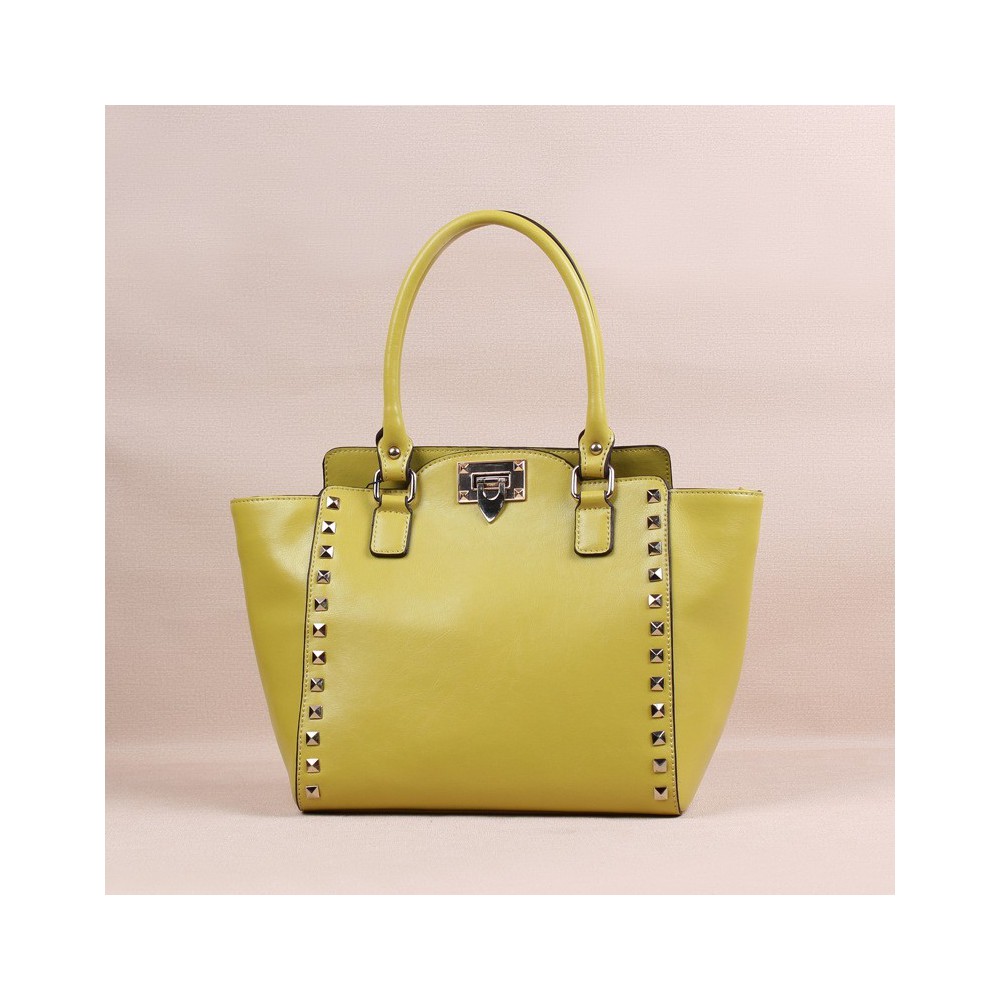 Genuine Leather Tote Rivets Bag with Double Handles Yellow 75502