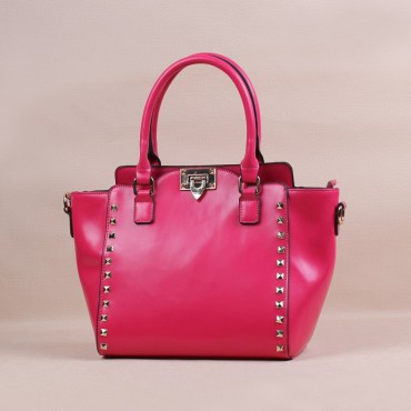 Genuine Leather Tote Rivets Bag with Double Handles Magenta 75502