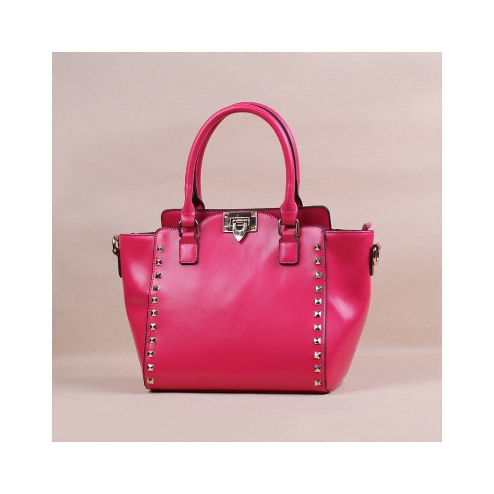 Genuine Leather Tote Rivets Bag with Double Handles Magenta 75502